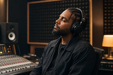 A recording artist in a music studio environment, representing digital performance royalties from non-interactive streaming platforms