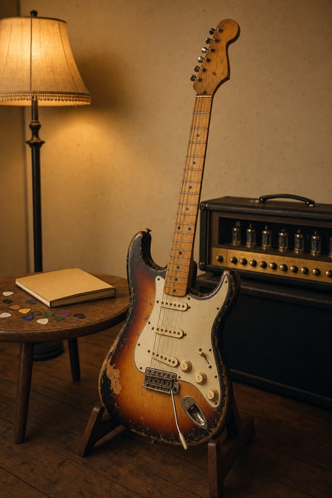 Photograph of a worn sunburst electric guitar on a wooden floor stand in a rehearsal room with warm incandescent lamp light, a vintage tube amplifier in the background, guitar picks on a wooden table.
