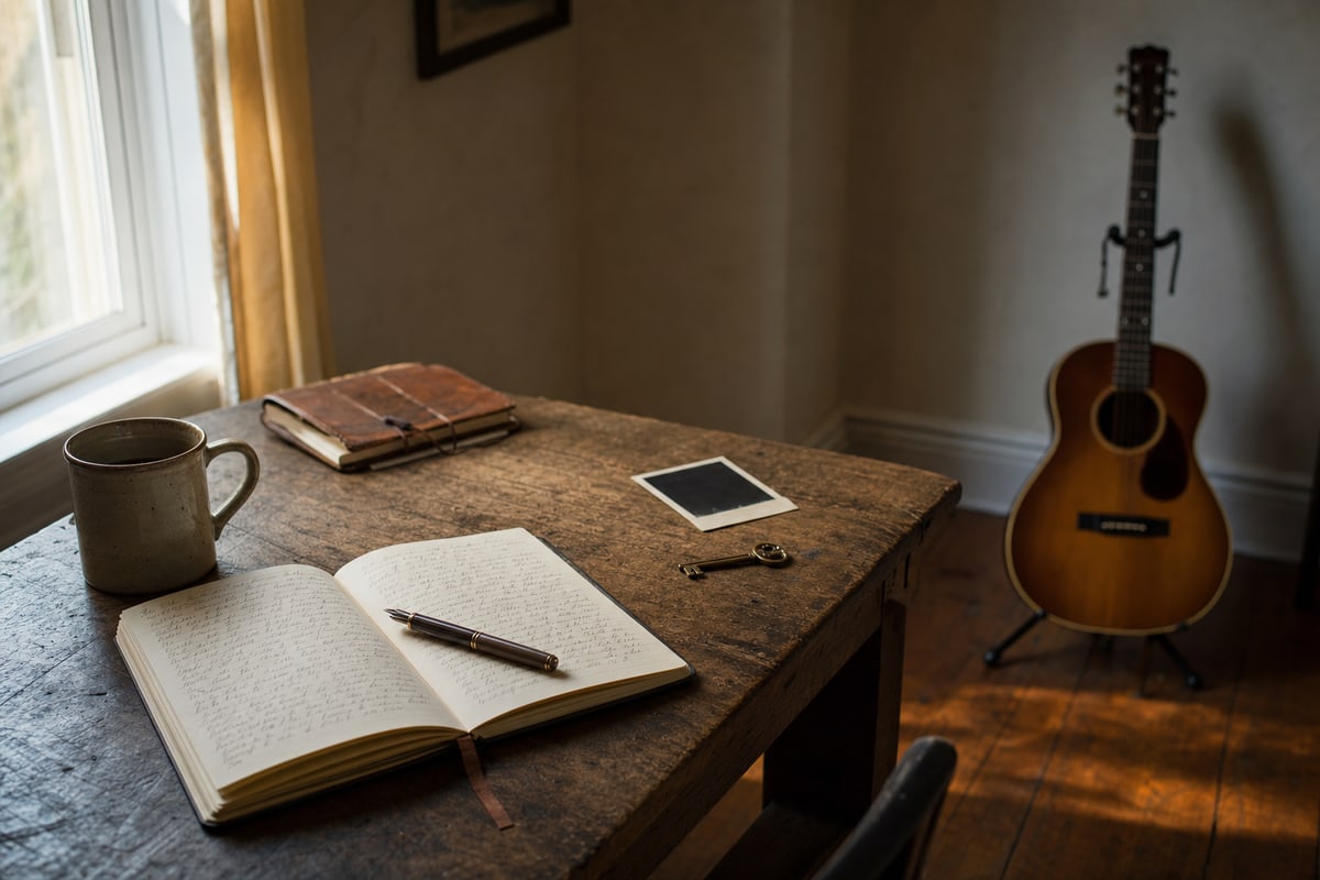 Photograph of a songwriter's writing table in warm side window light: an open notebook with blurred non-readable handwriting, a fountain pen resting on the page, a ceramic coffee mug, a small vintage key, and a face-down old photograph on the worn wooden surface. An acoustic guitar rests on a floor stand in the far corner with clear open space around it. Quiet documentary still-life, warm Americana palette.