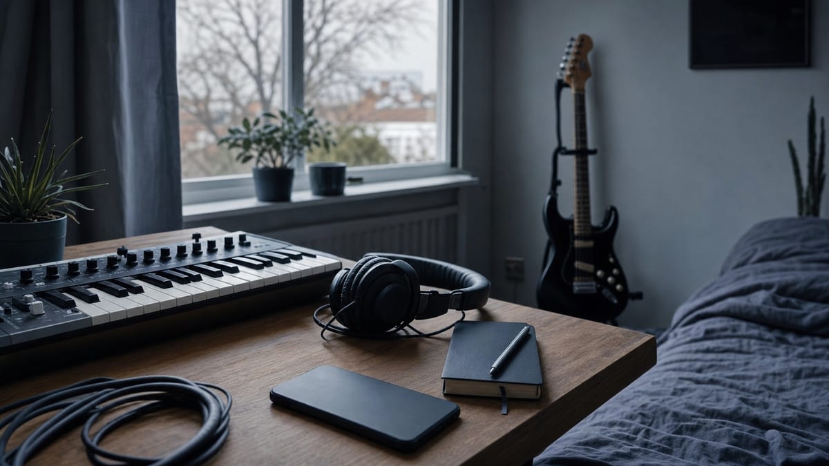 A cool blue grey bedroom studio with headphones, a blank phone, small synthesizer, notebook, and a guitar resting on a stand, with no readable text or logos.