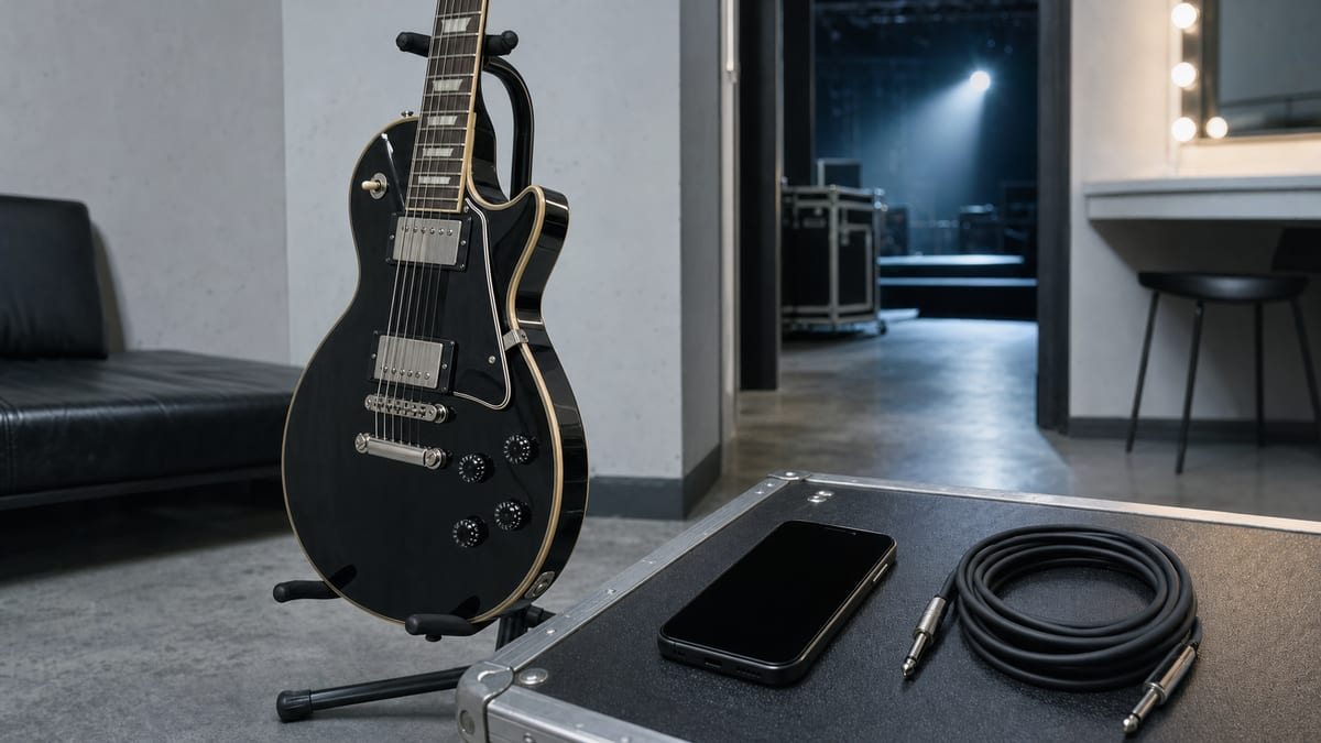 Cool blue-gray backstage room with a resting electric guitar, a dark phone, and a coiled cable on a case.