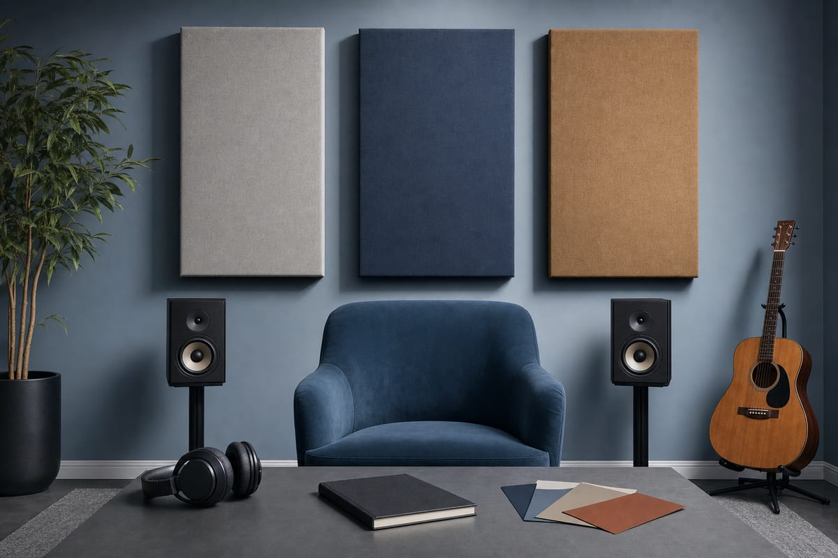 Cool blue-grey listening room with headphones, a closed notebook, blank color swatches, speakers, and a resting guitar.