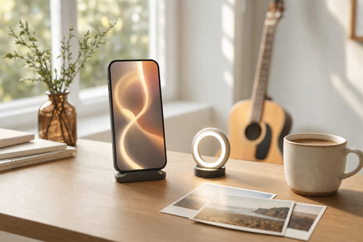 A smartphone on a stand playing a soft looping abstract visual, a small ring light and a coffee beside it on a bright desk, an acoustic guitar resting against a wall in the background