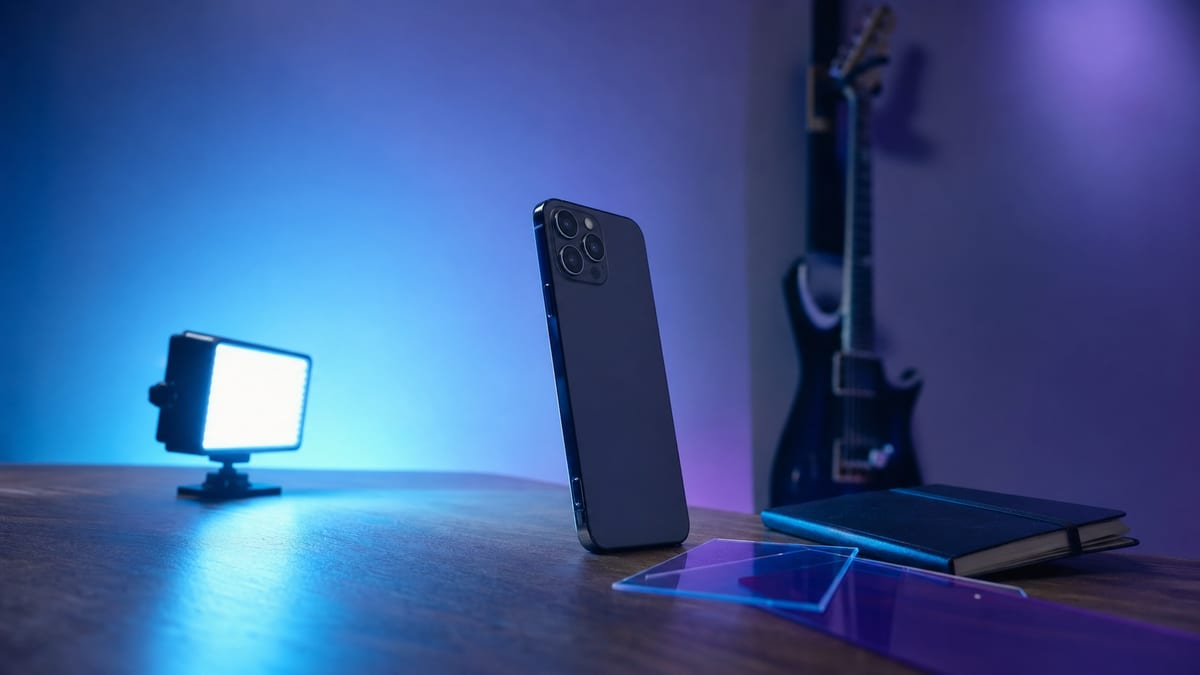 Cool blue violet studio with a phone turned away from camera, video light, closed notebook, color filters, and a guitar resting on a wall hanger.