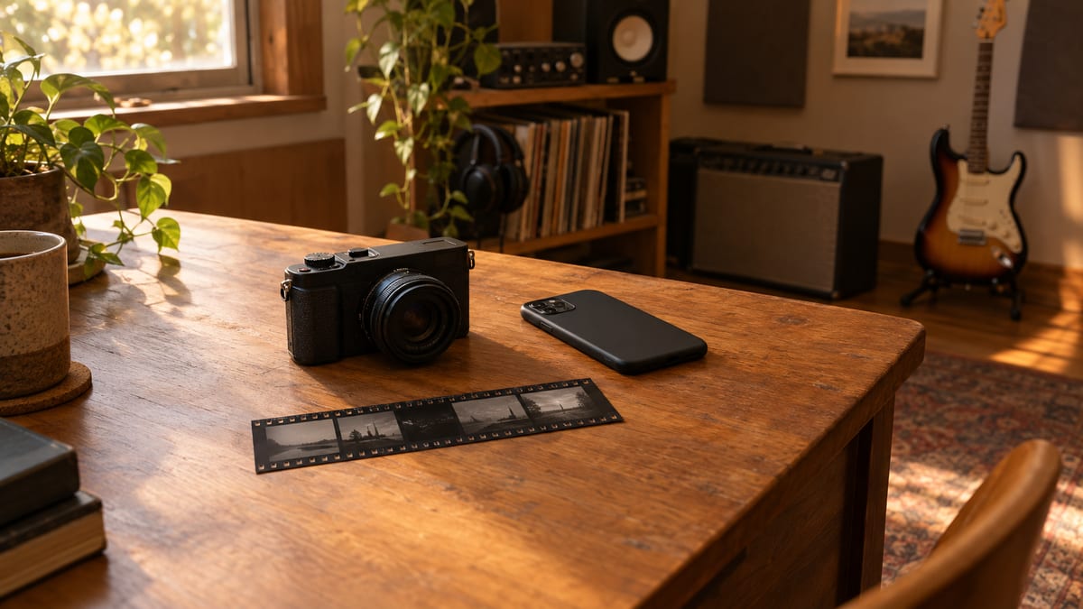 Warm studio table with a compact camera and a face-down phone, with a guitar resting on a stand in the background.