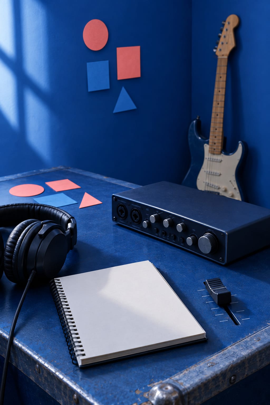 Cobalt studio corner with headphones, audio interface, blank notebook, colored cards, and a guitar resting against the wall.