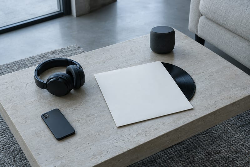 Headphones and a blank record sleeve rest in a cool, quiet listening room.