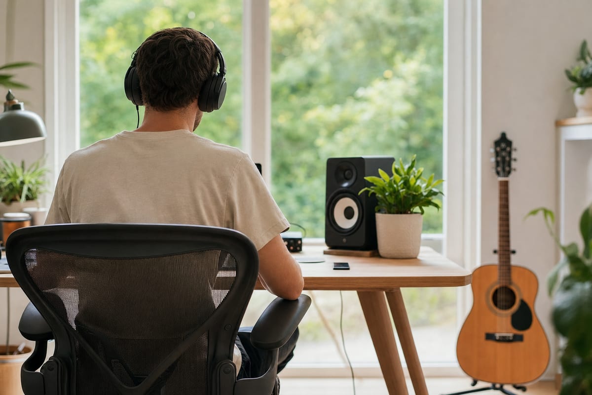 Editorial photo: an artist checking a laptop showing a streaming dashboard at a kitchen table, morning light, headphones nearby, no readable text
