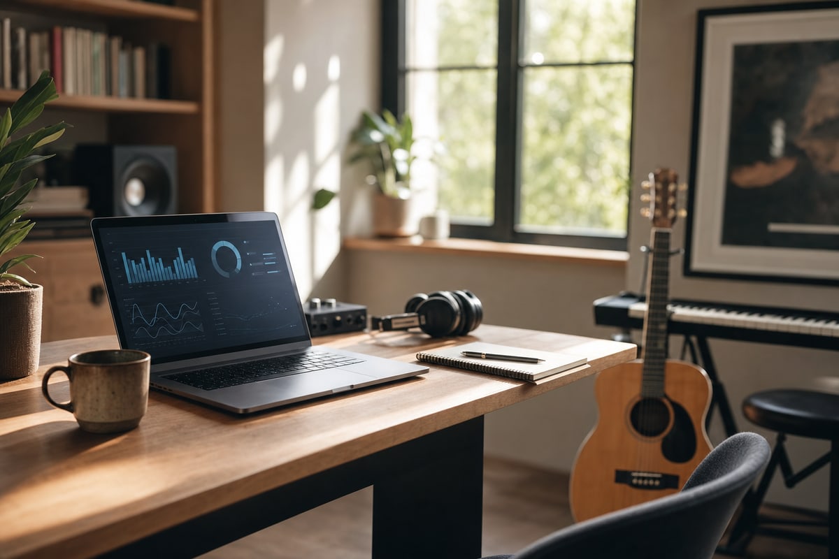 A tidy home music workspace at soft daylight with a laptop showing an abstract analytics screen, a coffee mug, a notebook, and an acoustic guitar resting on a guitar stand to the side