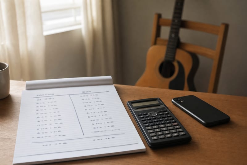 A desk with a notepad showing a handwritten before-and-after royalty comparison, a calculator, and a phone face-down, an acoustic guitar resting against a chair in soft daylight