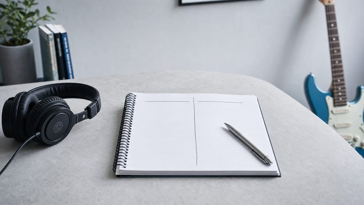 An open notebook divided into two columns with handwritten headers, beside over-ear headphones and a pen on a cool grey desk, with an electric guitar resting in the background