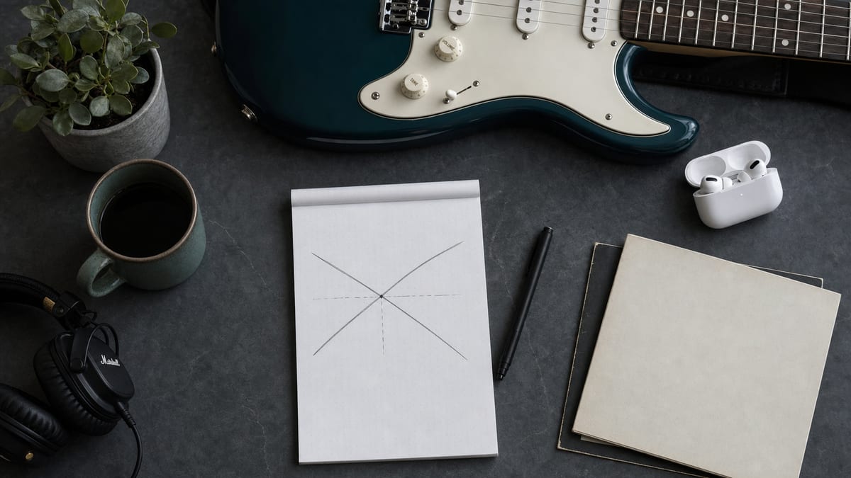 A smartphone on a desk showing a generic music streaming queue, beside a notepad with a break-even calculation sketched out, a pen, and an electric guitar resting against the wall