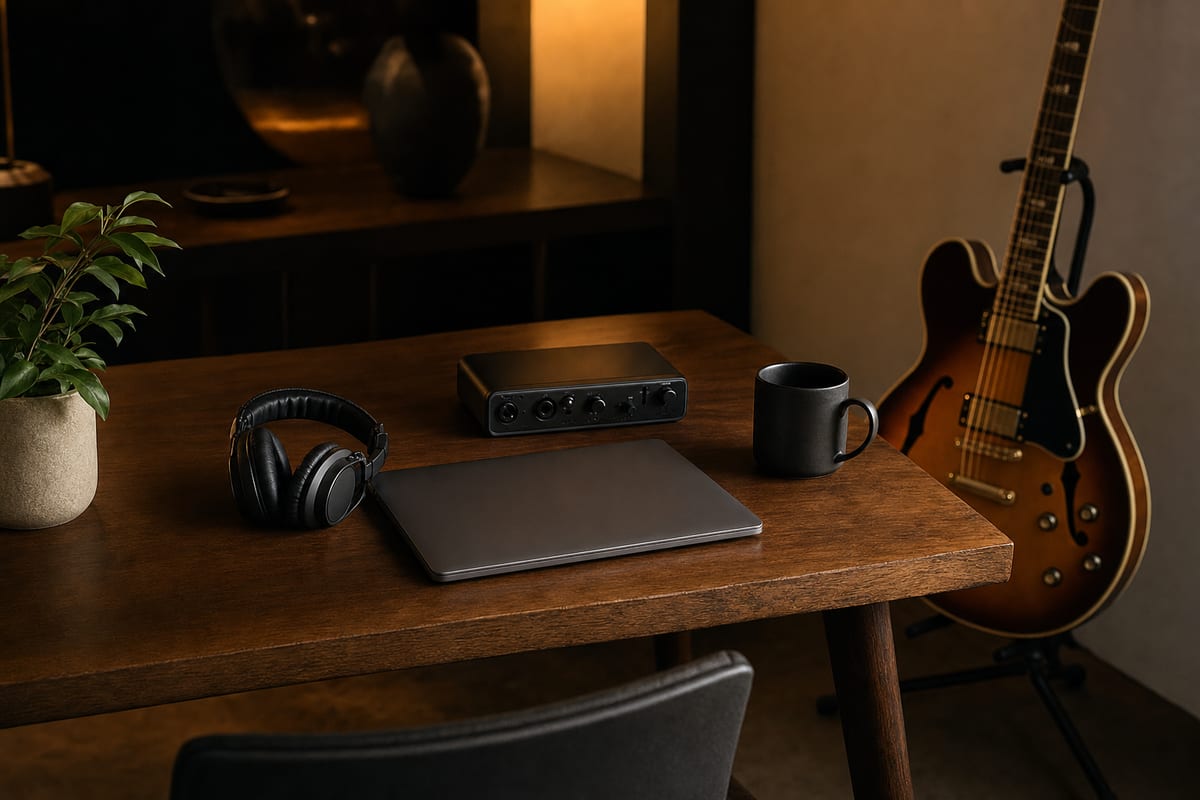 Dark amber studio desk with a closed laptop, headphones, audio interface, and resting hollow-body guitar beside a plant.