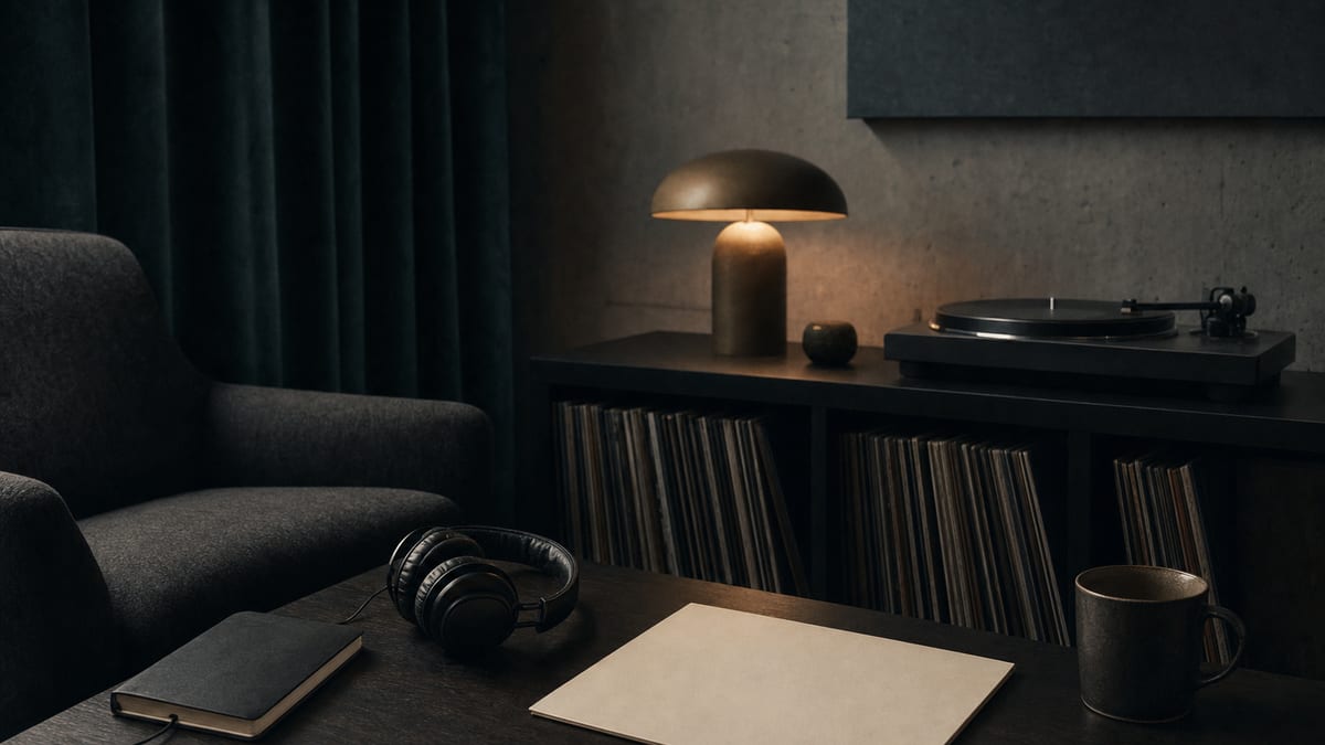 Charcoal listening room with a turntable, headphones, blank paper, records, and a warm lamp with no readable text or logos.