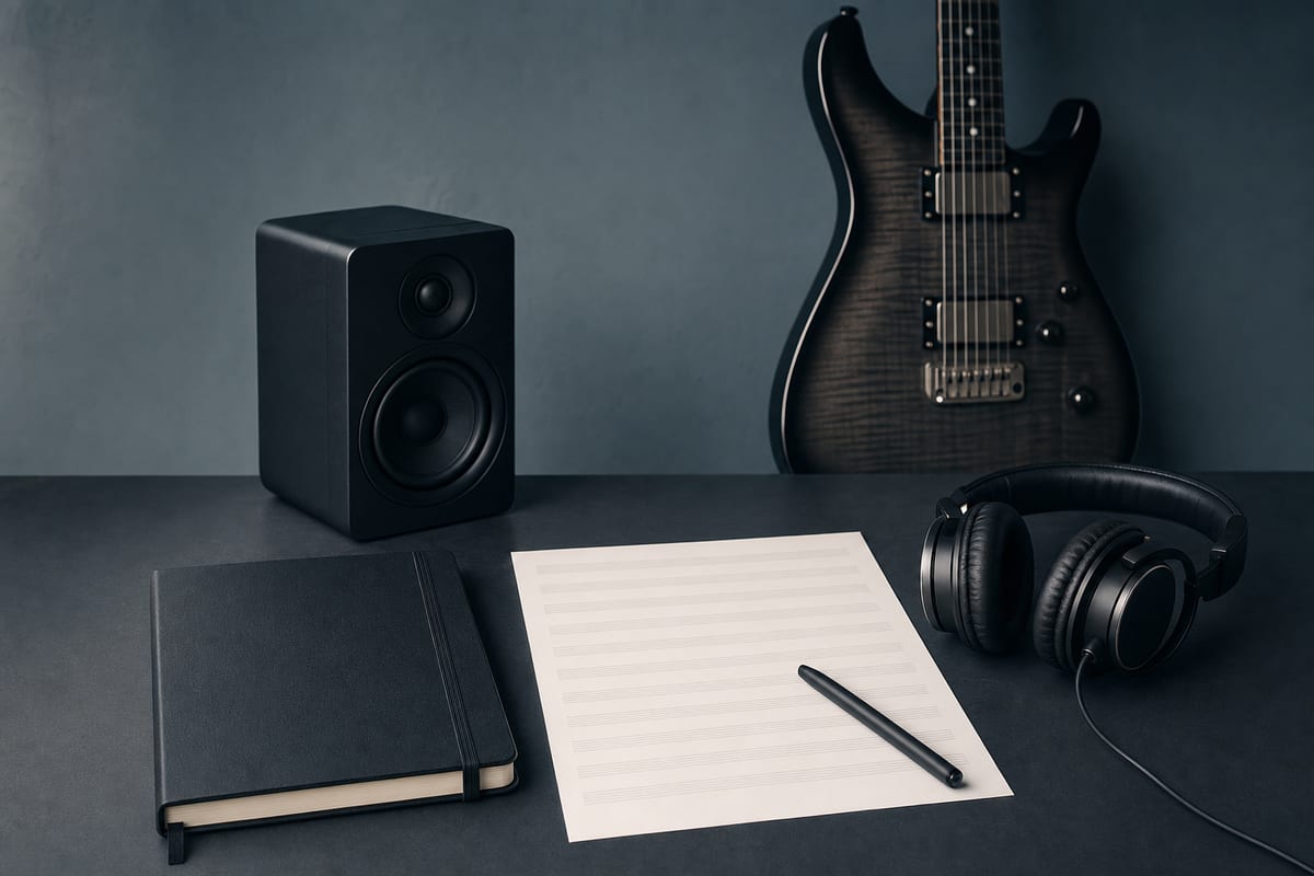 Cool blue-gray studio table with a closed notebook, blank chart paper, headphones, and a guitar resting beside a speaker.