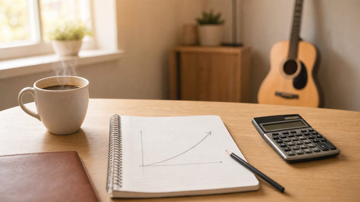 A notebook with a hand-drawn upward growth curve, a calculator, a coffee cup, and an acoustic guitar leaning against the wall behind a desk in soft morning daylight