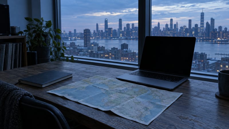 Blue-hour studio desk with a closed notebook, city skyline, folded map, and dark laptop screen.