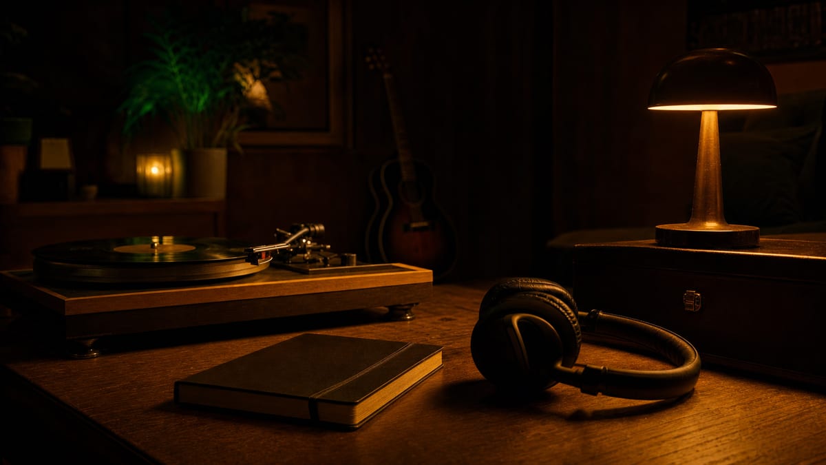 Dark amber listening room with a turntable, closed notebook, headphones, lamp, and a distant resting guitar.