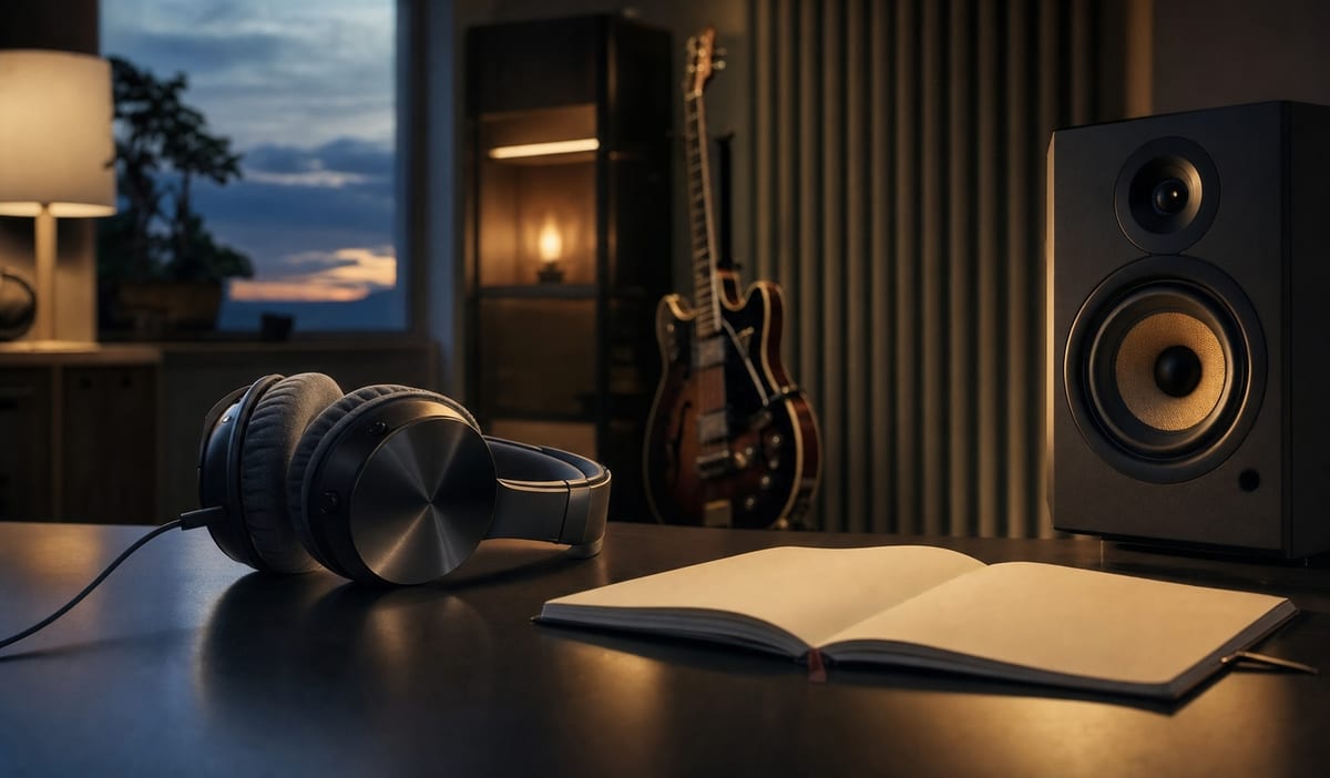 A cool blue grey listening studio with headphones, a blank notebook, an unbranded speaker, and a guitar resting on a stand in the background at dusk, with no readable text or logos.