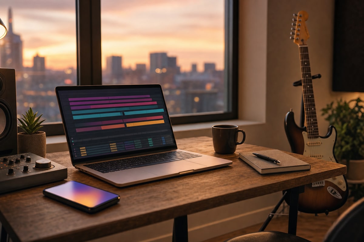A home studio desk at dusk with a laptop, smartphone, audio interface, and an electric guitar resting on a wall hanger