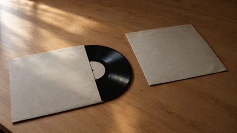 Two unbranded black vinyl records rest in separate blank sleeves on a studio table, viewed from above.