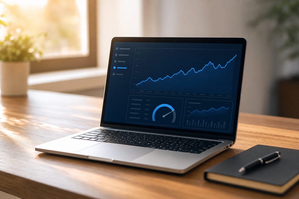A laptop on a wooden desk displaying an abstract analytics dashboard with a rising line graph, beside a notebook and pen in warm natural light