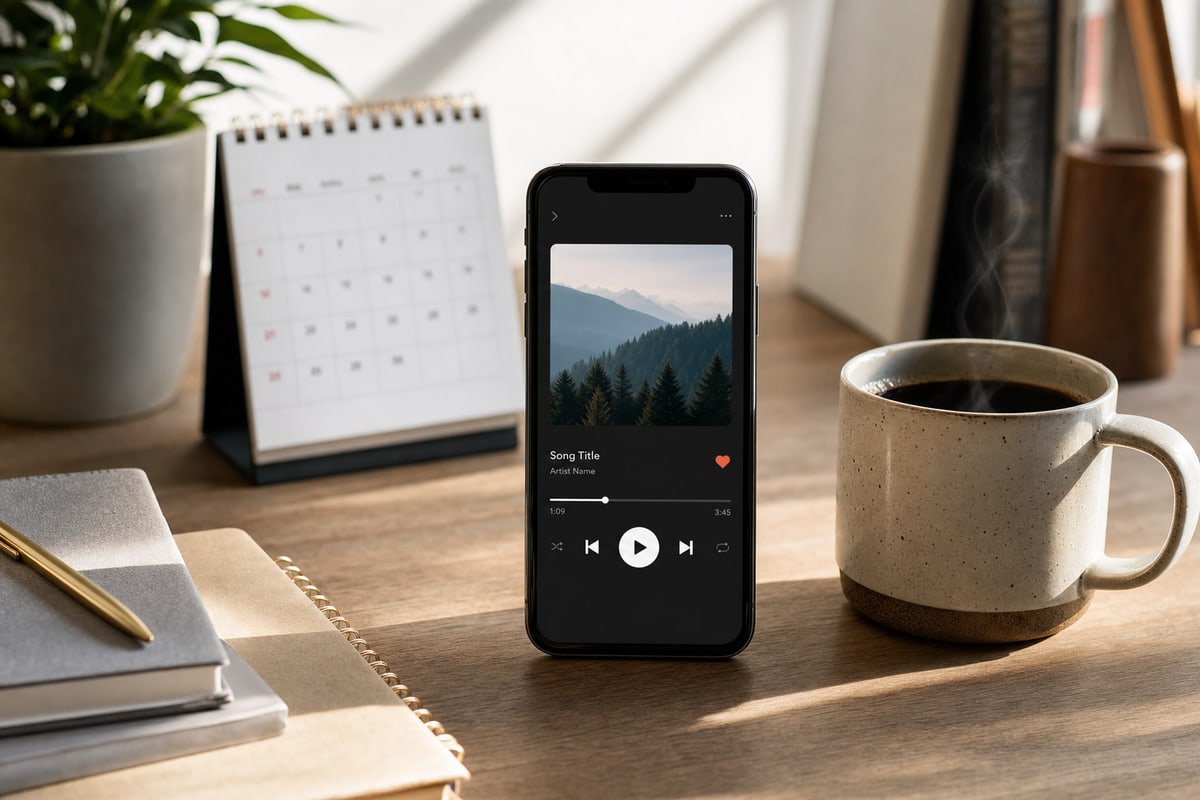 A smartphone on a clean desk showing a music app save icon screen beside a calendar and a coffee cup, soft daylight