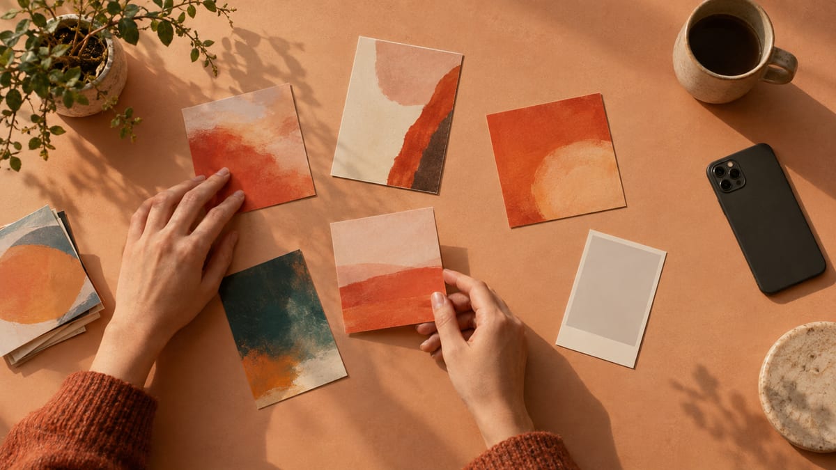 Abstract music artwork cards are arranged on a warm studio desk beside an unmarked smartphone.