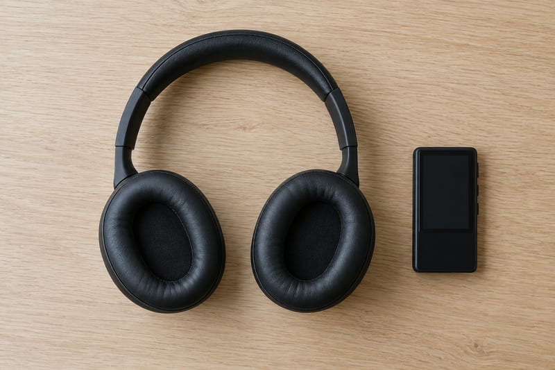 Intact black headphones and a screen-off audio player rest on a pale oak desk.