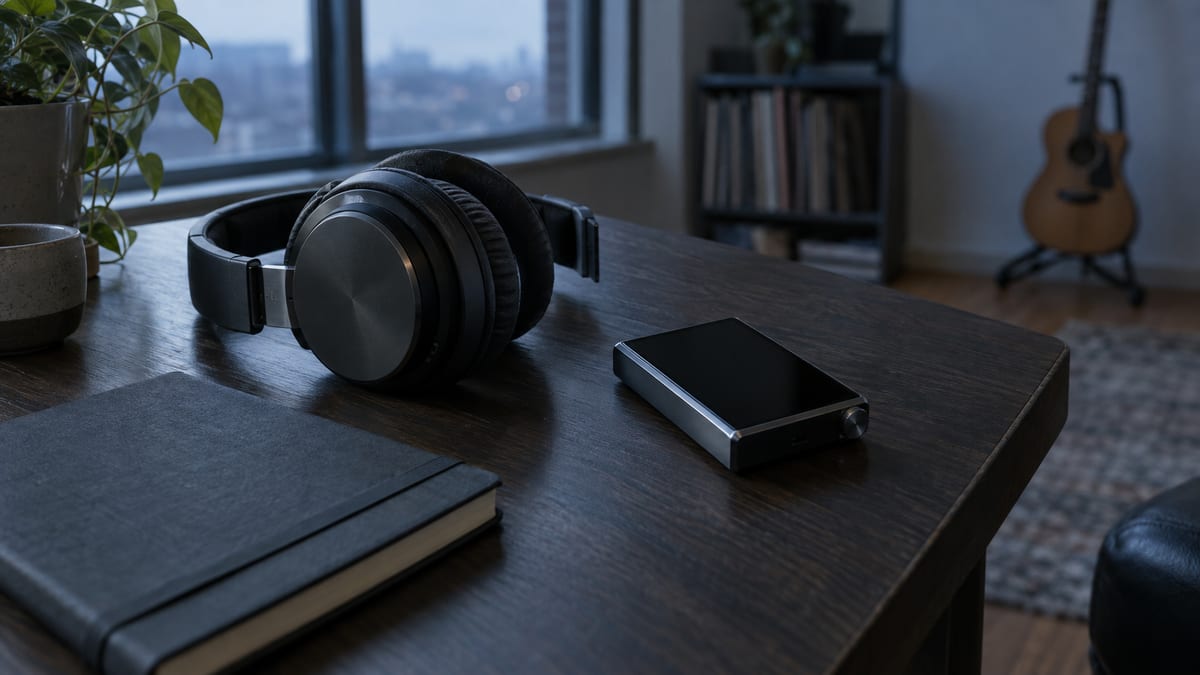Headphones and a blank-screen audio player rest on a cool blue-gray listening desk.