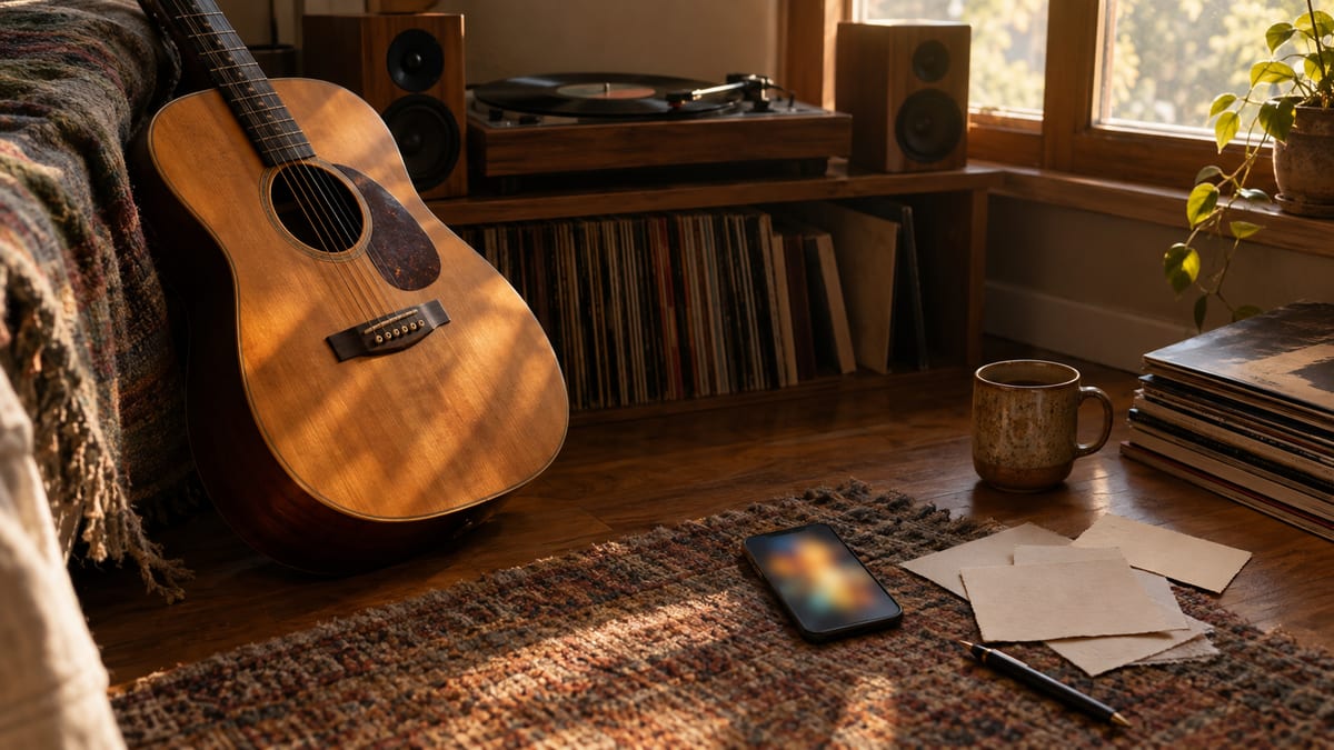 Resting acoustic guitar beside a listening setup, blank cards, and a phone with an abstract blurred glow in warm morning light.