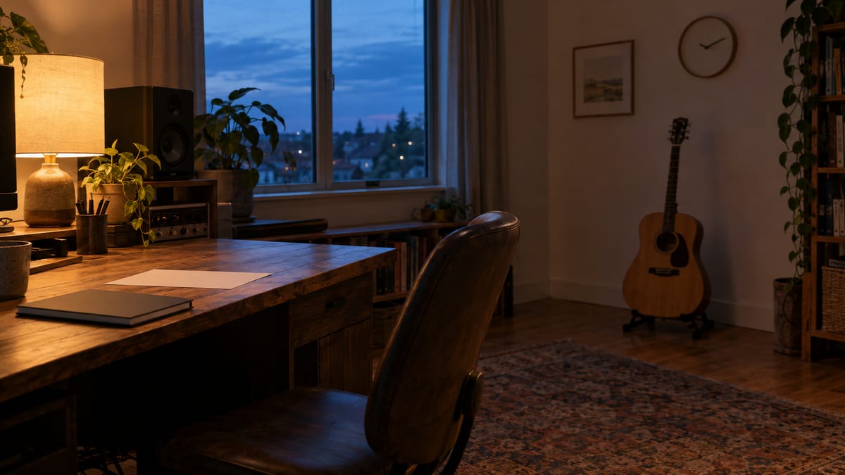 A full-size acoustic guitar rests on a stand in a dim home studio as dusk falls outside a large window, with one wall clock on the back wall.