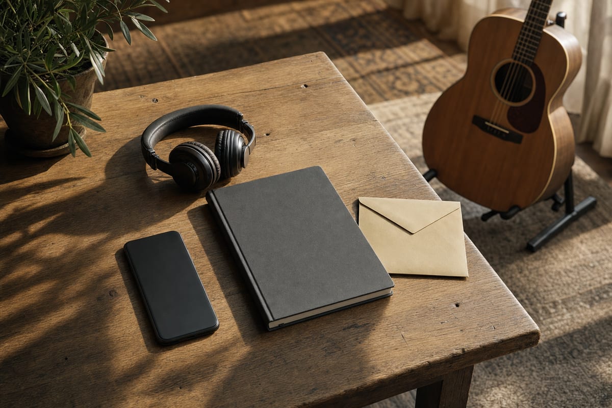 Warm sunlit studio table with a closed dark notebook, phone face down, headphones, sealed envelope, and a guitar resting on a stand in the background, no readable text.