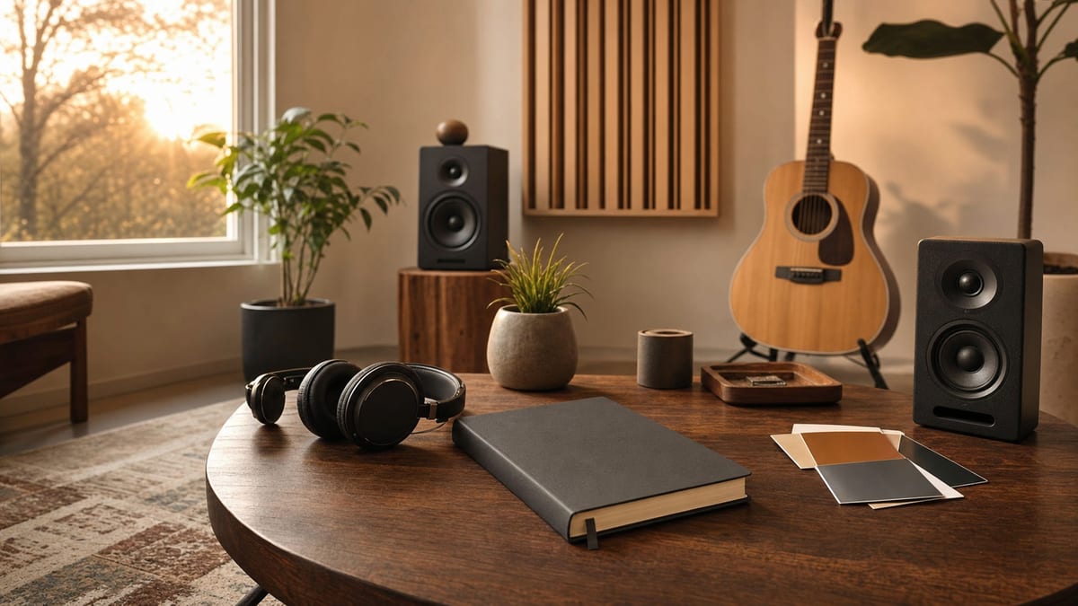 Warm dawn listening room with headphones, speakers, a closed notebook, blank color swatches, and a guitar resting on a stand.