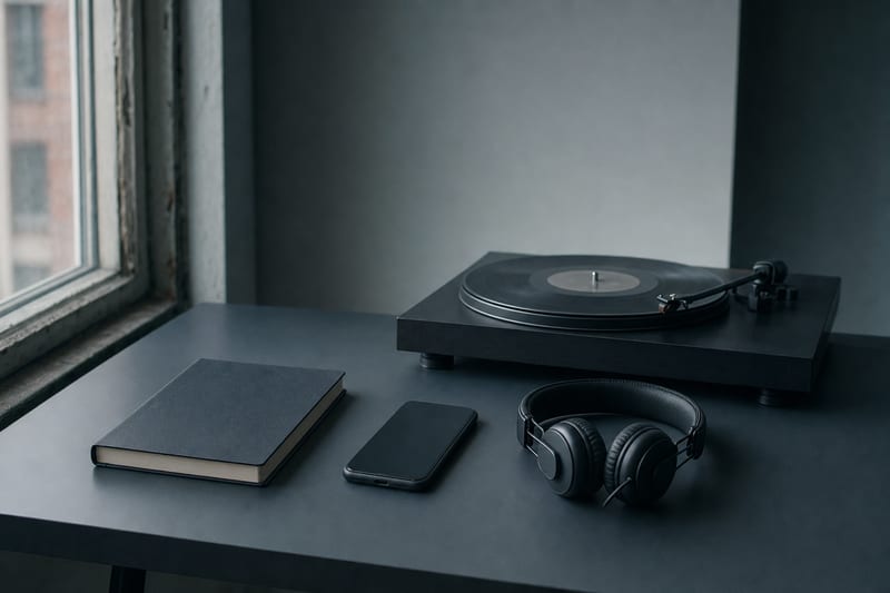 Cool blue-grey listening room with a closed notebook, phone face down, headphones, and a turntable on a clean studio table.