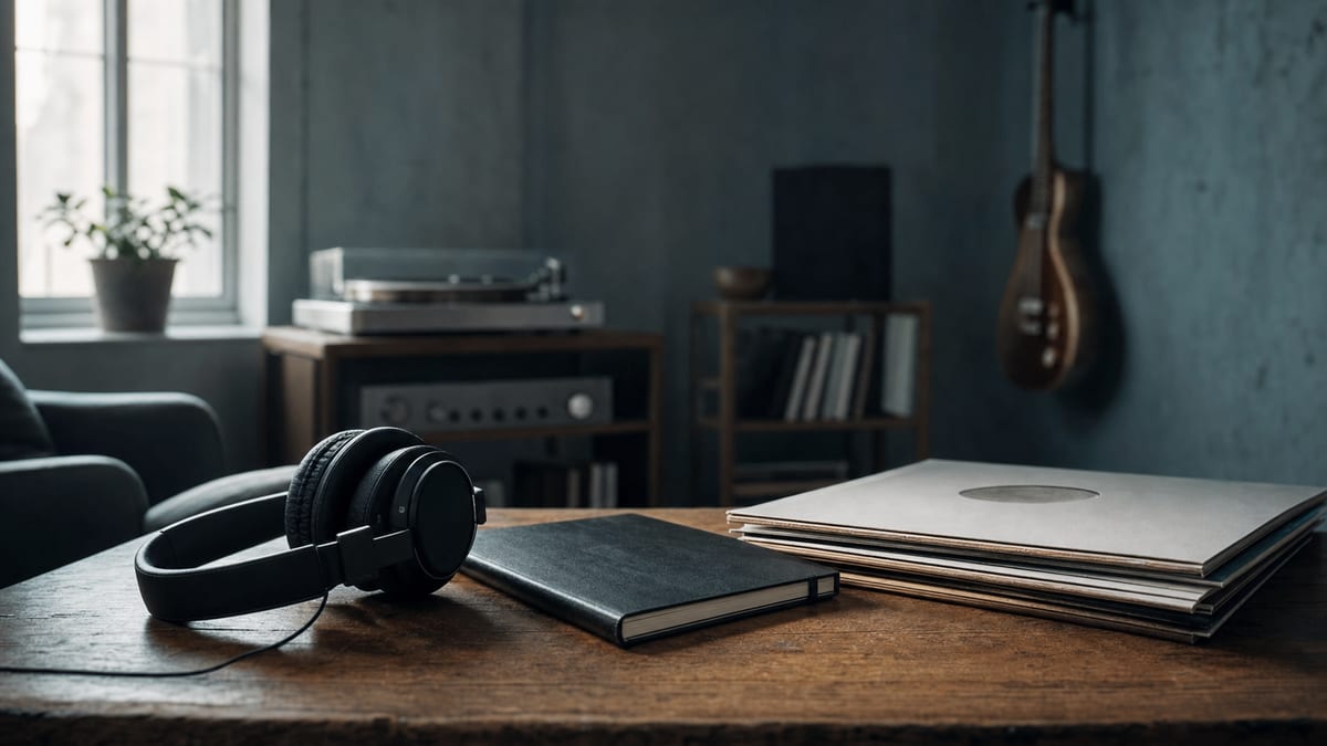 Cool blue-grey listening room with headphones, a closed notebook, record sleeves, and a guitar resting on a wall hanger, no readable text.
