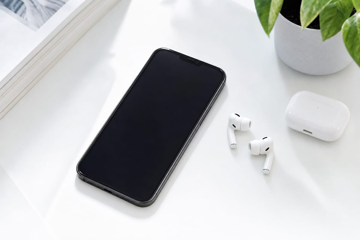 A smartphone with a blank dark screen on a light minimalist desk beside white earbuds and a small green plant in bright soft daylight
