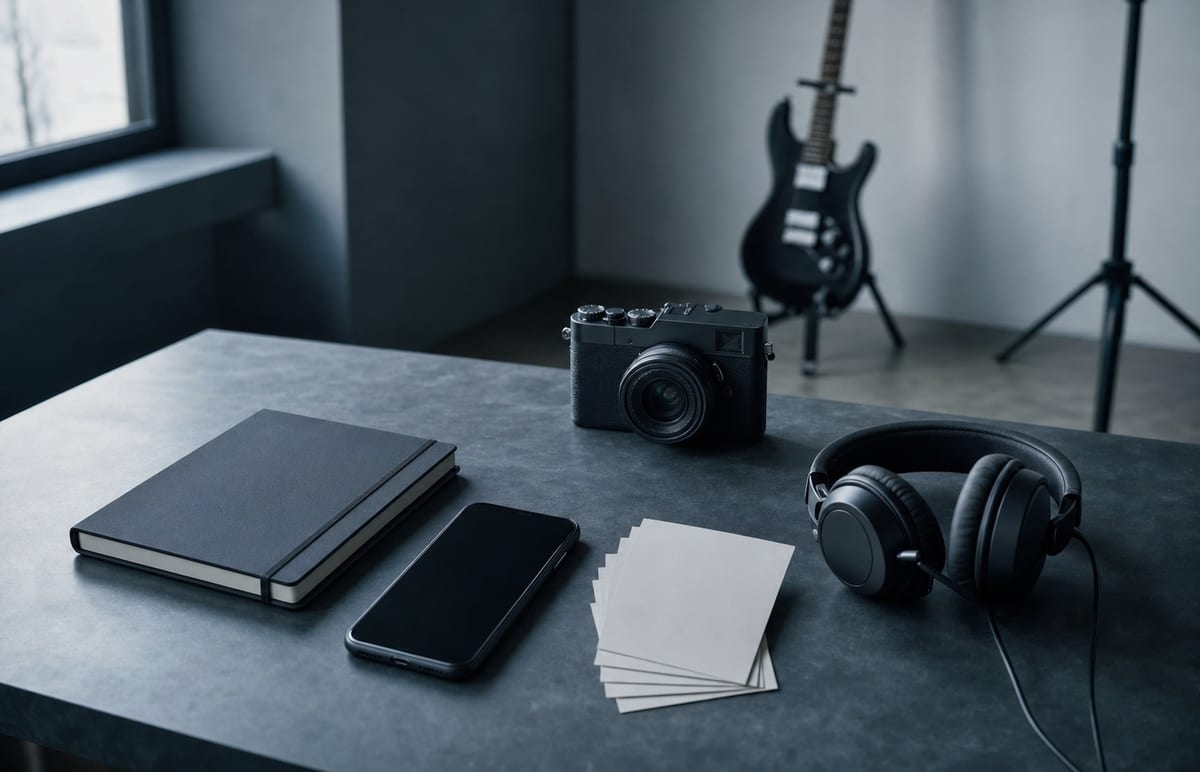 Cool blue-grey studio desk with a camera, blank cards, headphones, closed black notebook, phone face down, and a guitar resting on a stand in the background, no readable text.