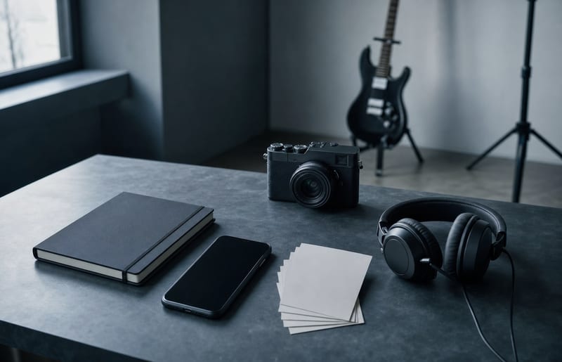 Cool blue-grey studio desk with a camera, blank cards, headphones, closed black notebook, phone face down, and a guitar resting on a stand in the background, no readable text.