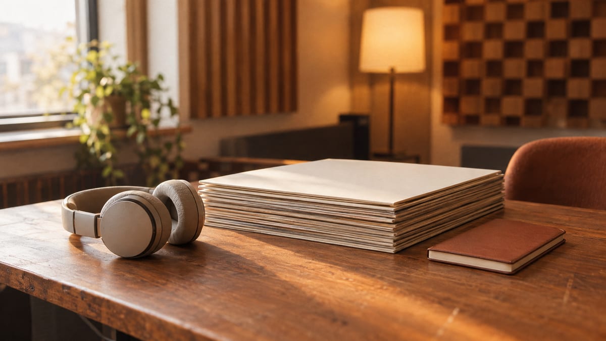 Warm studio desk with blank record sleeves, headphones, and a closed notebook under soft lamplight.