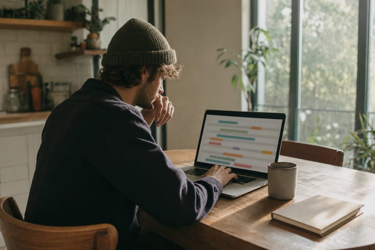 An independent musician at a kitchen table in soft morning light studying a laptop showing a coloured bar dashboard, with a coffee mug and notebook beside it