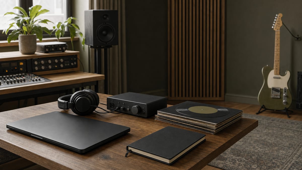Warm recording studio desk with headphones, an audio interface, records, and a guitar resting on a stand