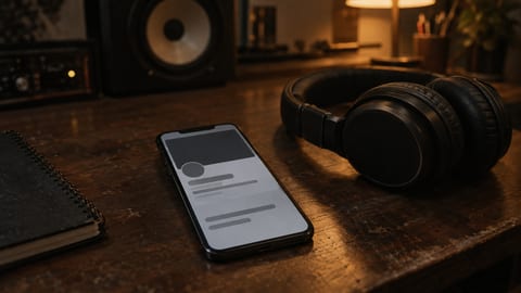 A phone showing a blank artist profile lies on a dim studio desk beside headphones and a notebook
