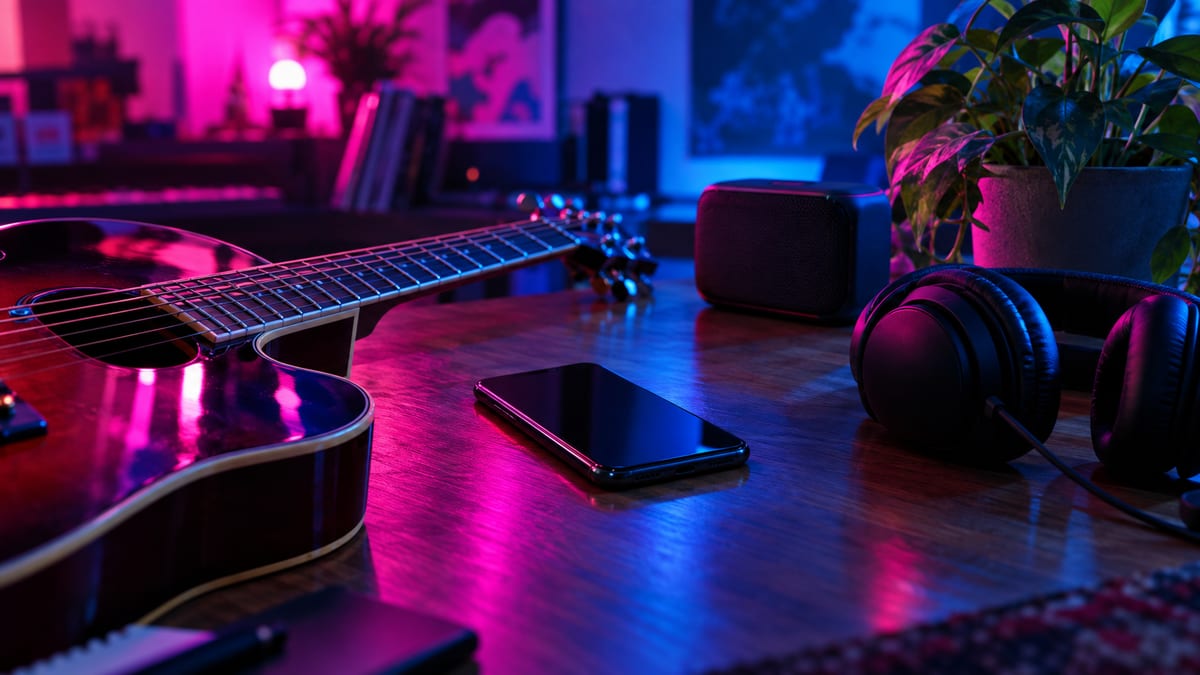 Resting guitar, dark phone, speaker, headphones, and a plant on a tabletop under vivid magenta and blue studio light.