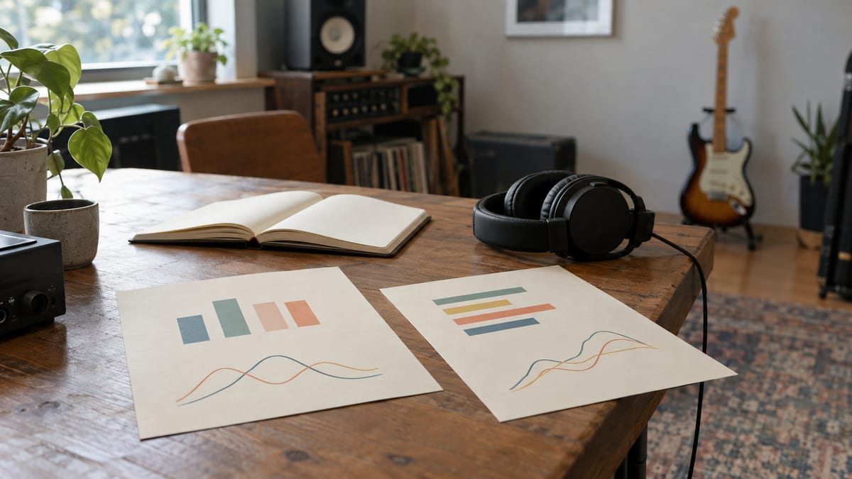 A dark studio desk holds two blank analytics printouts, a notebook, and headphones, with a guitar resting on a stand in the background.