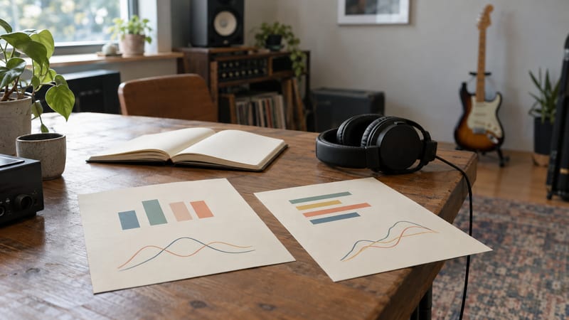 A dark studio desk holds two blank analytics printouts, a notebook, and headphones, with a guitar resting on a stand in the background.