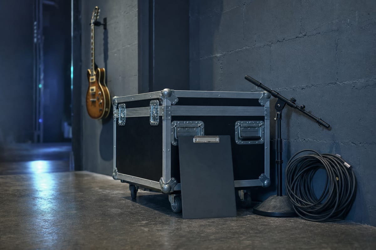 Cool backstage corridor with a closed road case, blank clipboard, microphone stand, cable coil, and a guitar on a wall hanger.