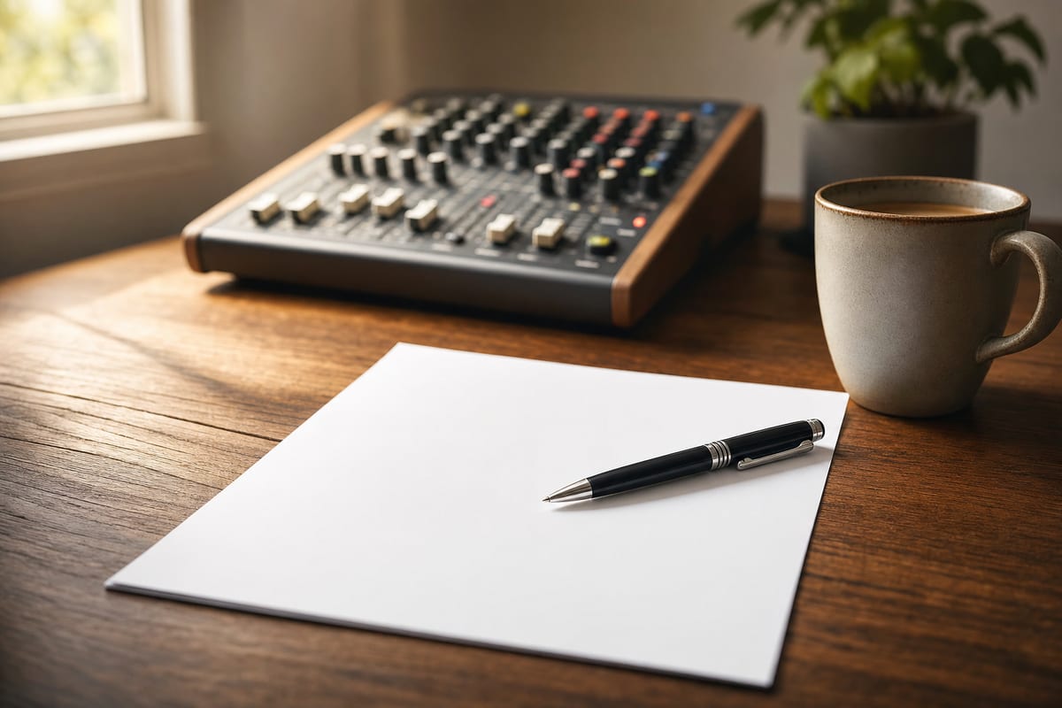 A tidy desk with a blank royalty-split style document, a pen resting on it, and a small audio mixer in the background.