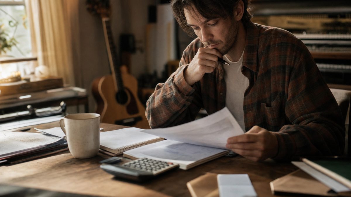 An independent artist reviewing royalty statements and financial documents at a desk in a home studio