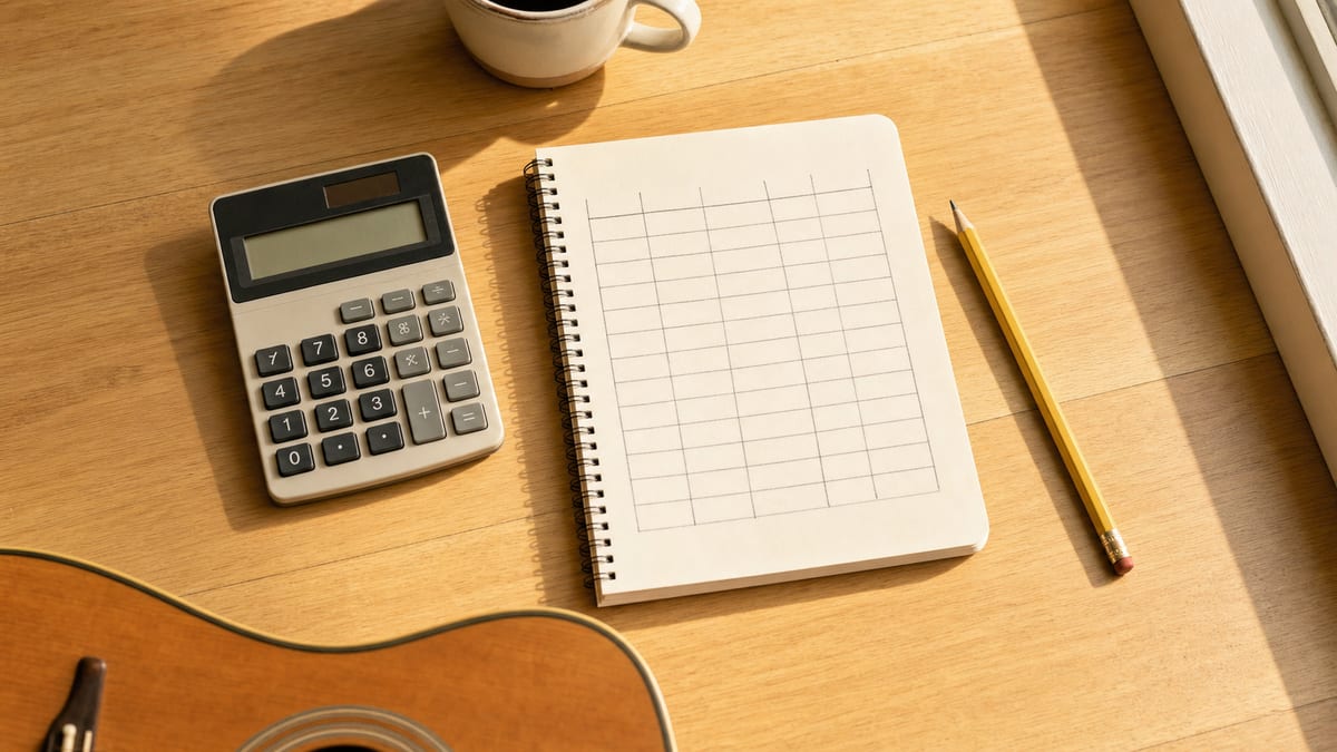 A calculator and a handwritten grid estimating royalties by platform on a notepad, beside a coffee cup on a bright desk, with an acoustic guitar resting against the wall behind
